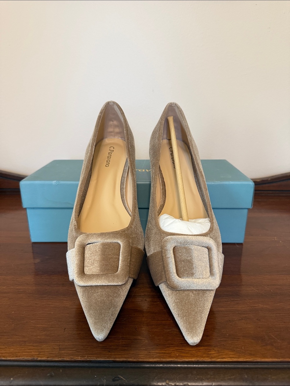 C. Paravano beige velvet flats